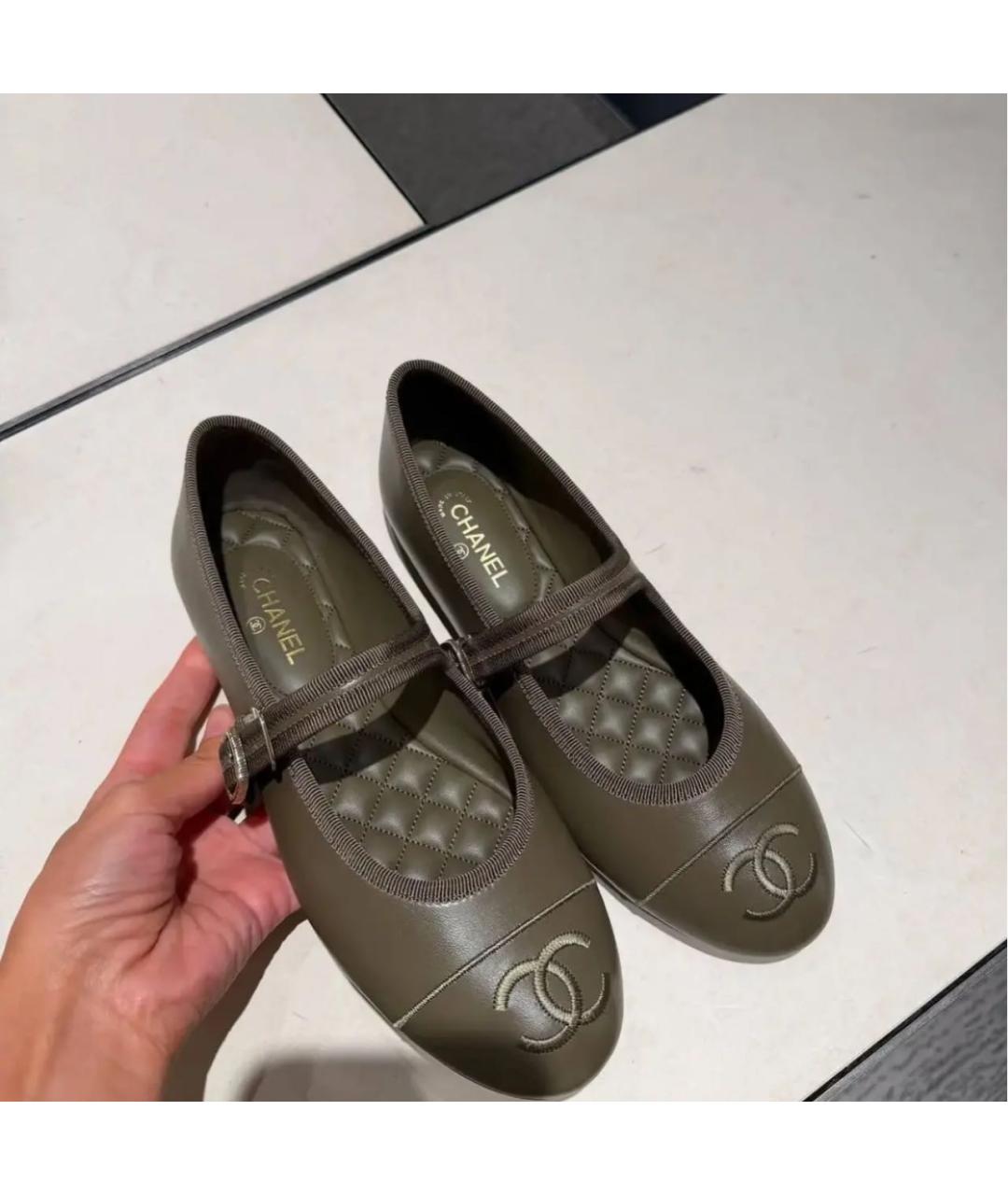 CHANEL Хаки кожаные балетки, фото 5