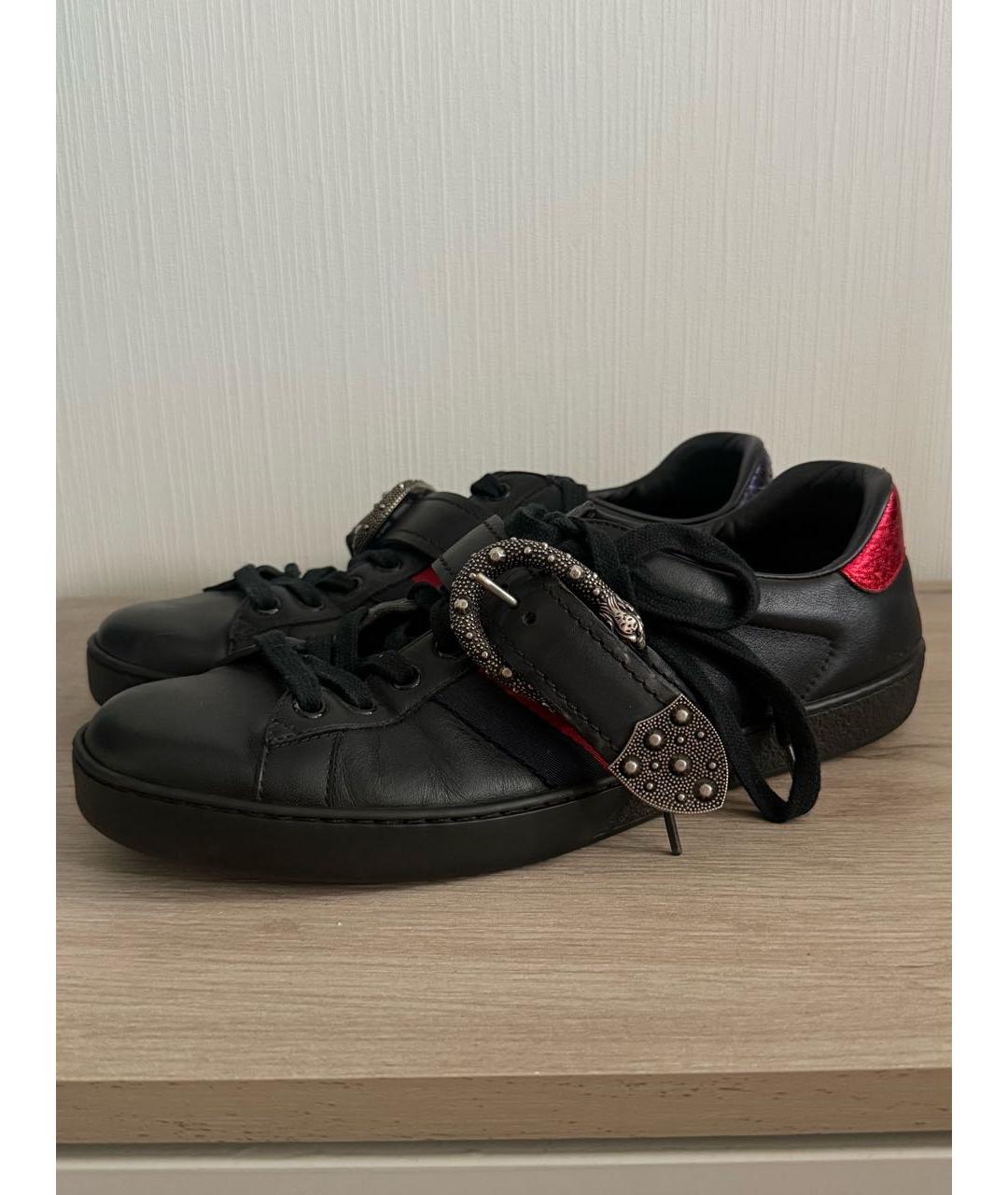 GUCCI Черные кожаные низкие кроссовки / кеды, фото 5