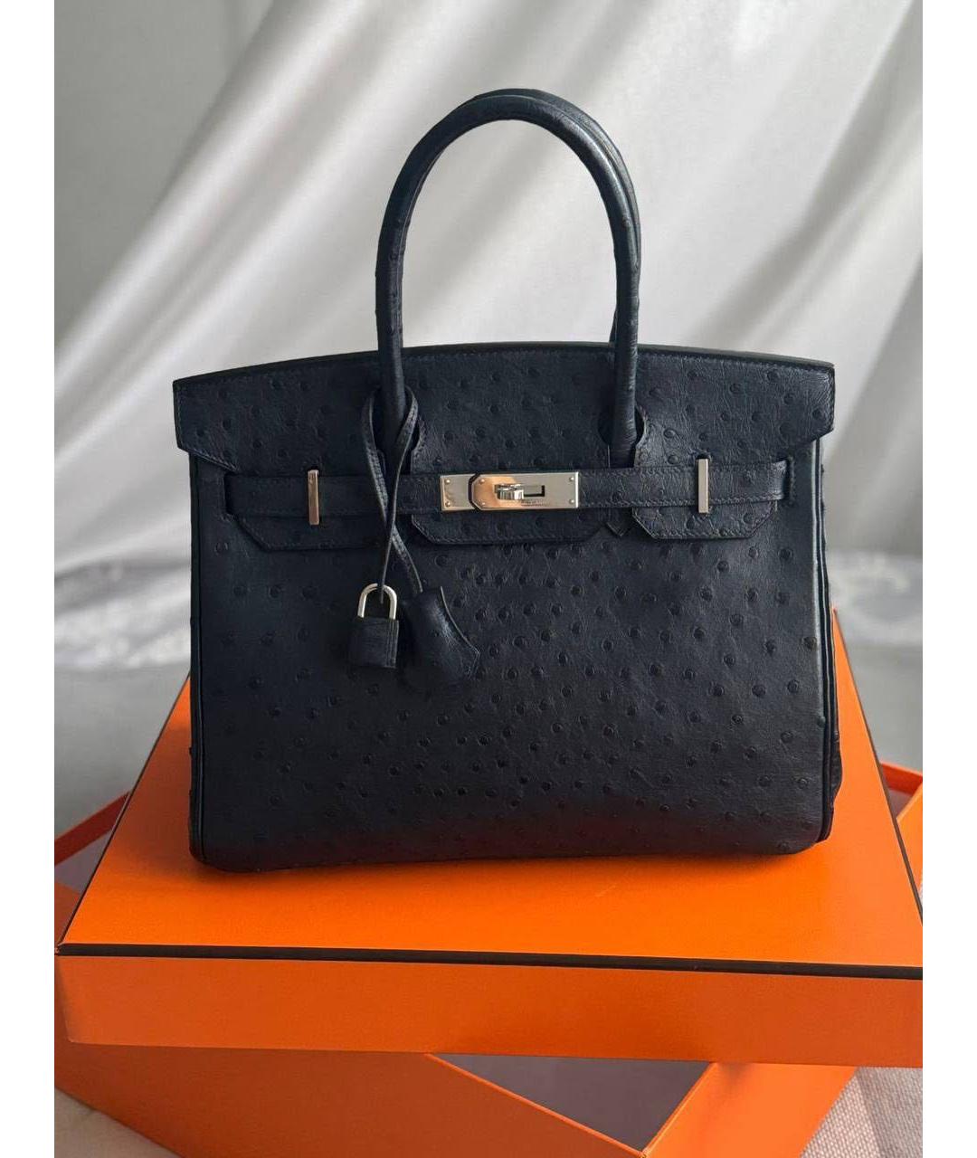 HERMES Темно-синяя сумка с короткими ручками из кожи страуса, фото 9