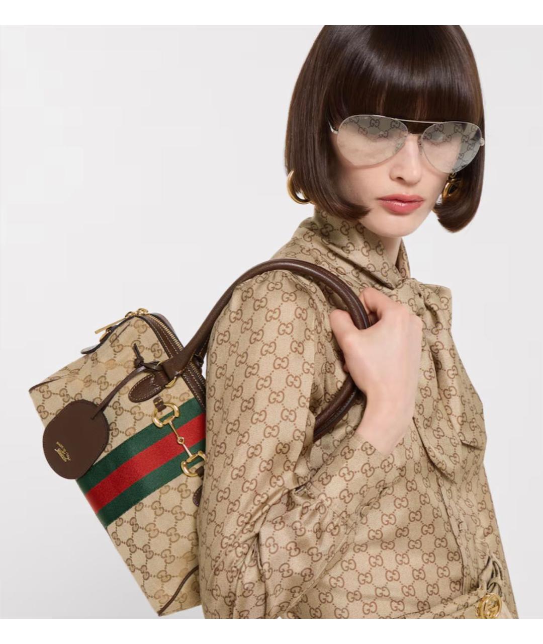 GUCCI Бежевая сумка с короткими ручками из канвы, фото 3
