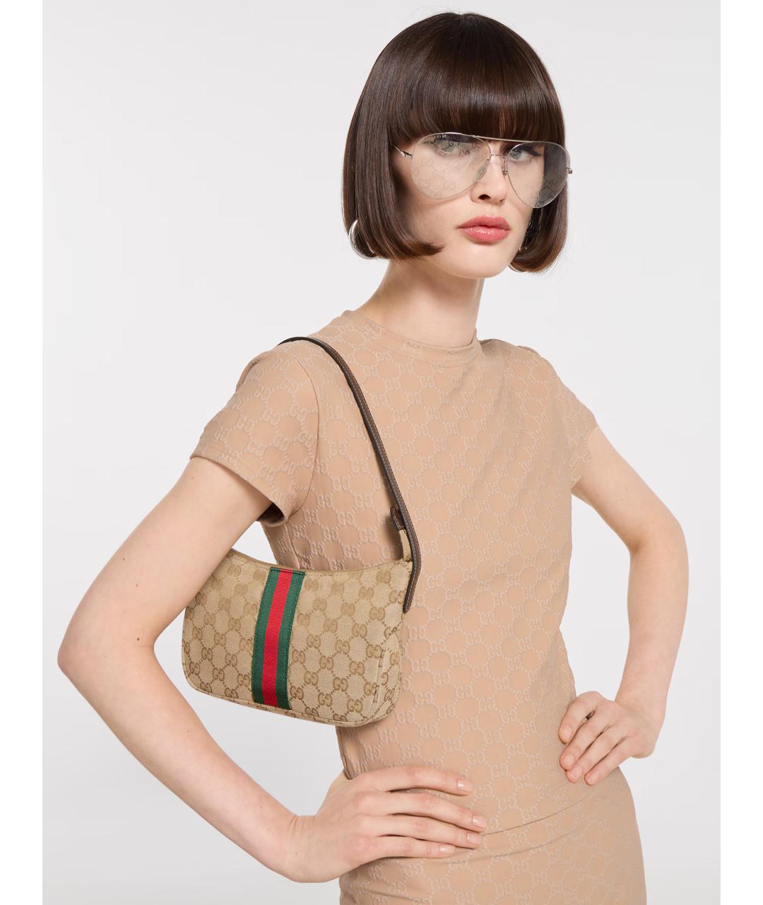 GUCCI Бежевая сумка на плечо из канвы, фото 3