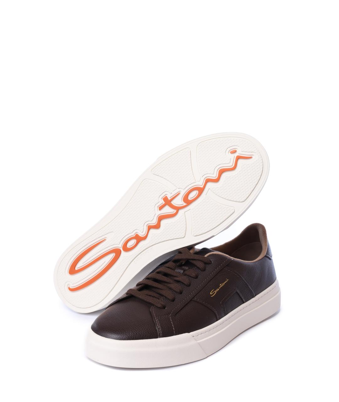 SANTONI Коричневые кожаные низкие кроссовки / кеды, фото 5
