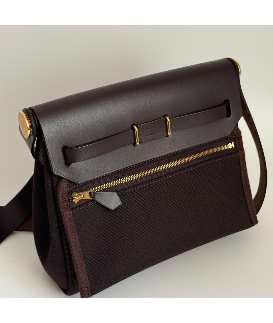 HERMES Коричневая сумка через плечо из канвы, фото 5