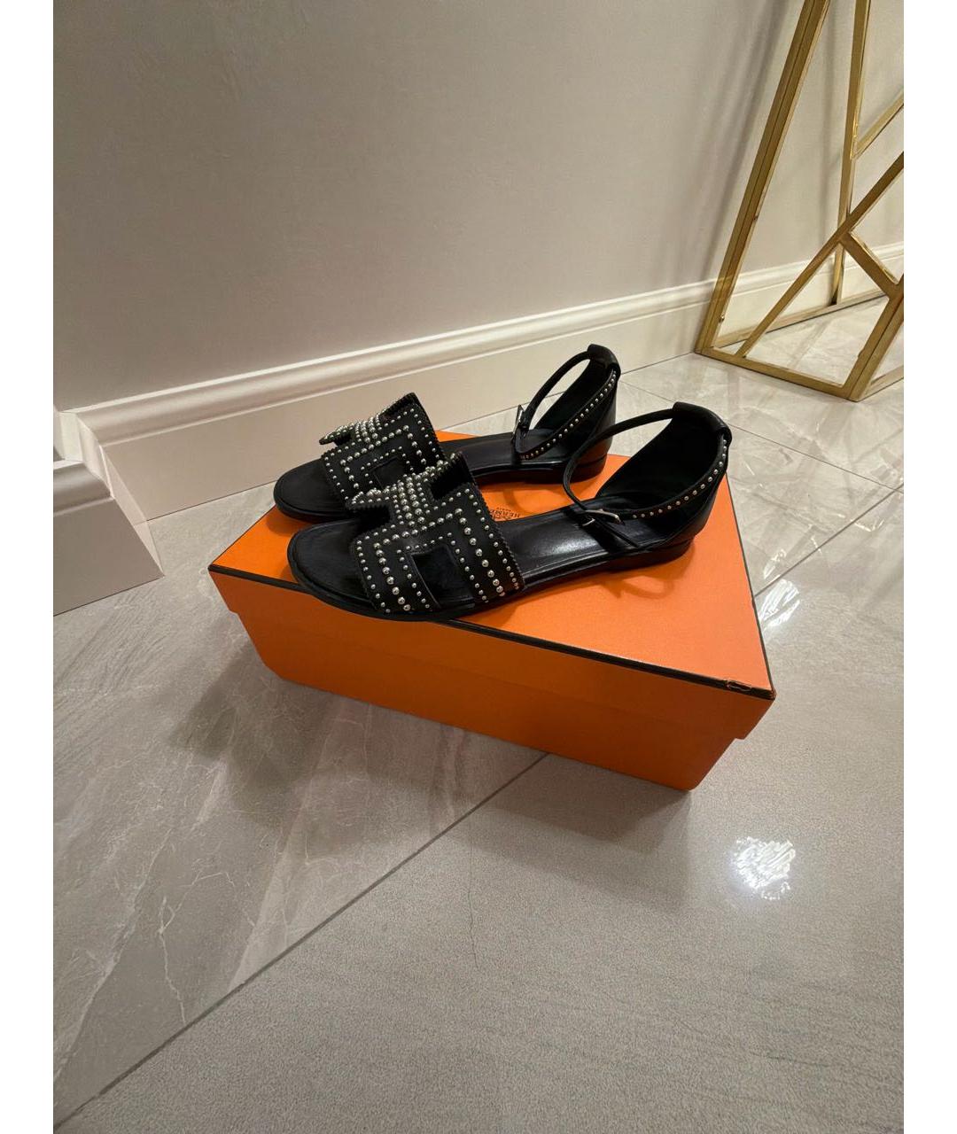 HERMES Черные кожаные босоножки, фото 5