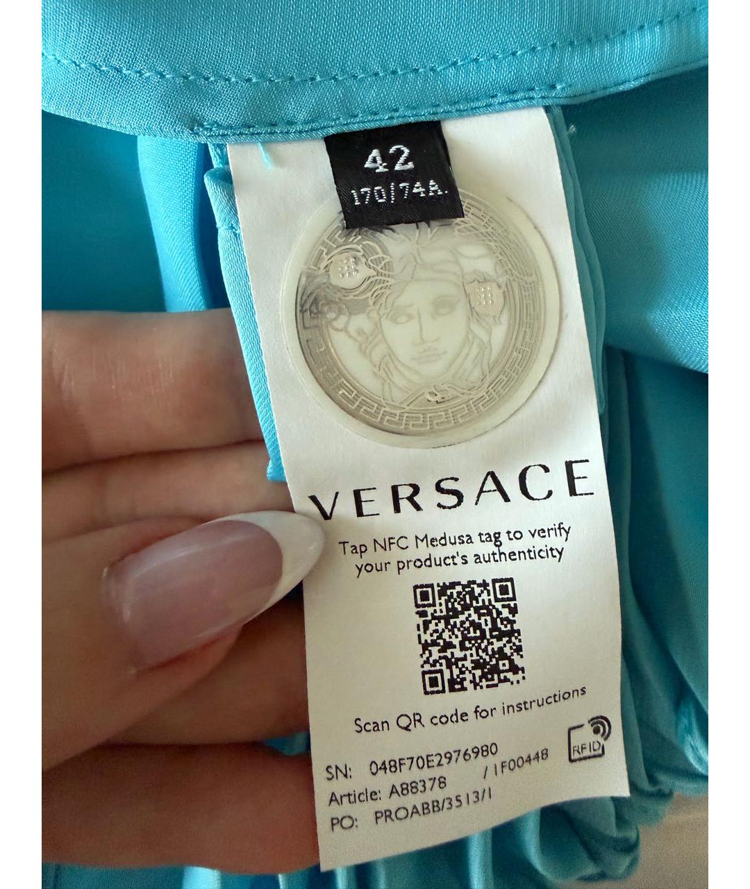 VERSACE Голубая полиэстеровая юбка миди, фото 3