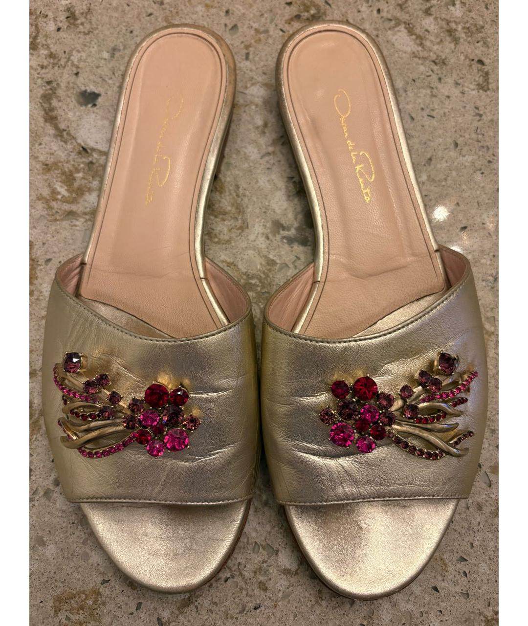 OSCAR DE LA RENTA Золотые кожаные шлепанцы, фото 3