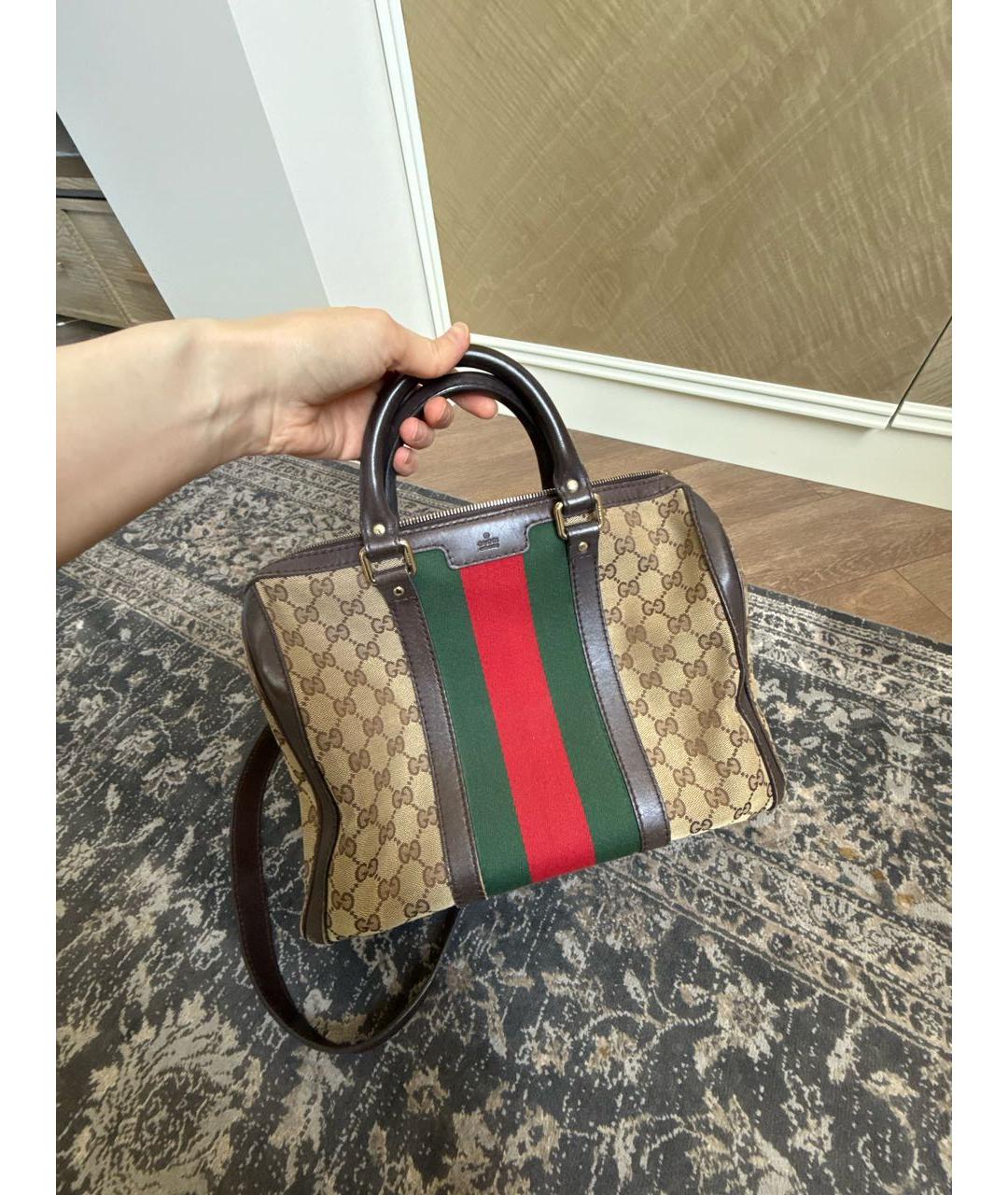 GUCCI Бежевая жаккардовая сумка с короткими ручками, фото 5