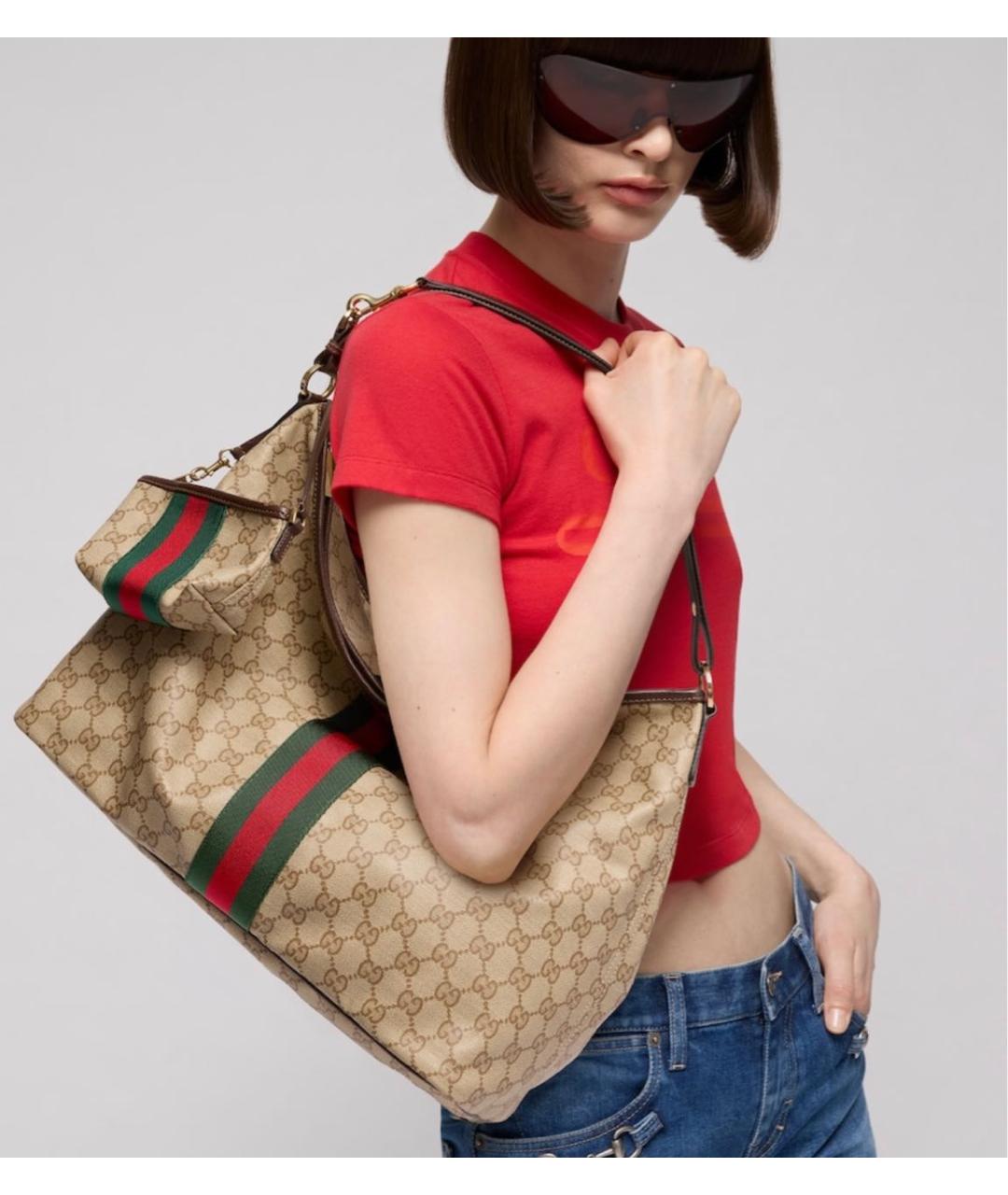 GUCCI Бежевая сумка с короткими ручками из канвы, фото 5