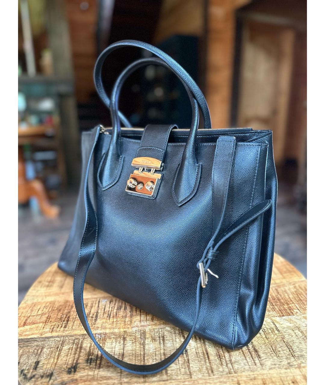 FURLA Черная кожаная сумка тоут, фото 6
