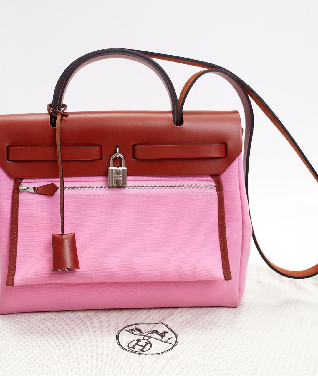 HERMES Розовая тканевая сумка с короткими ручками, фото 7