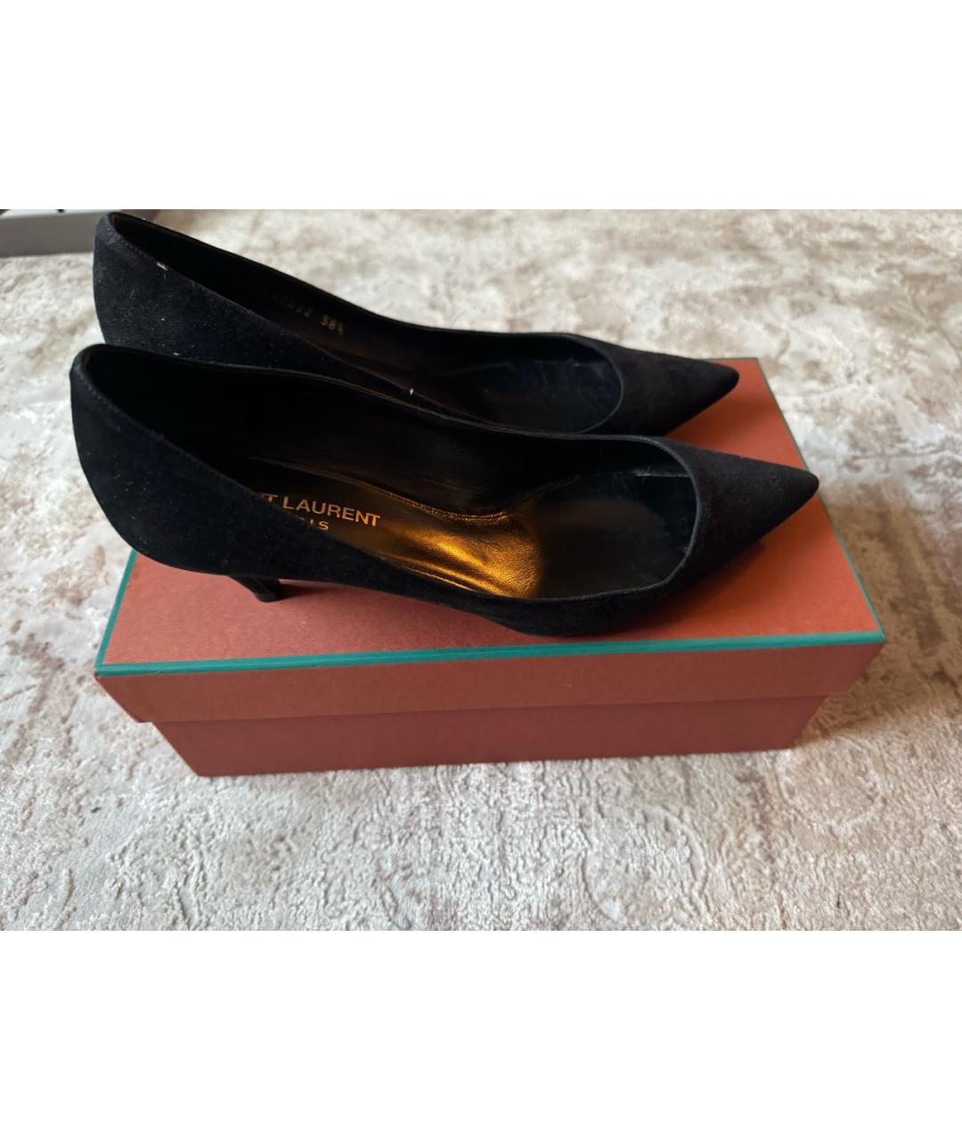 SAINT LAURENT Черные замшевые лодочки на низком каблуке, фото 5