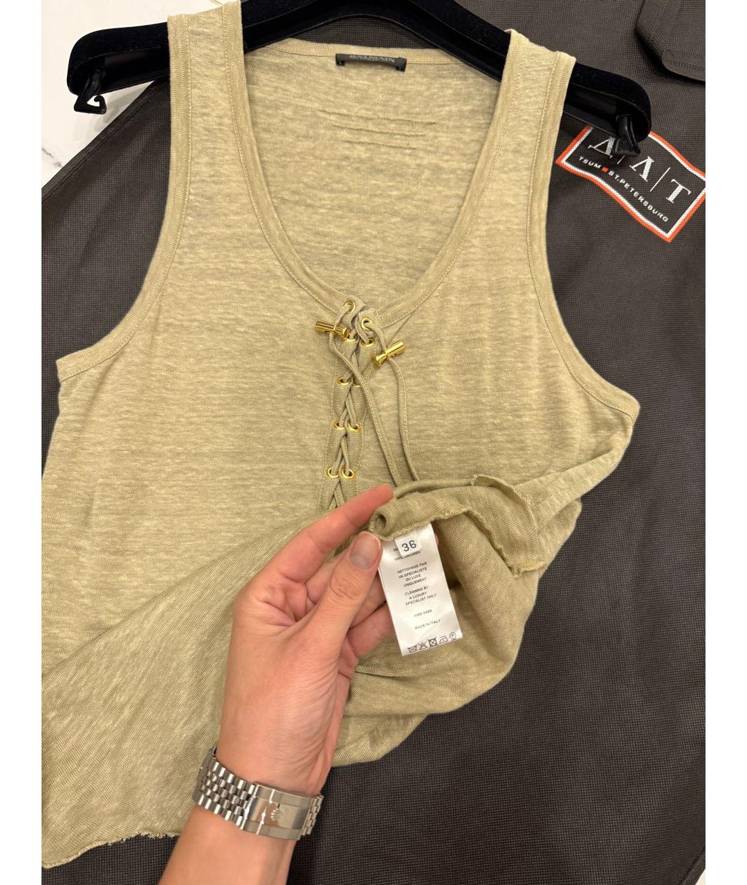 BALMAIN Хаки льняная майка, фото 4