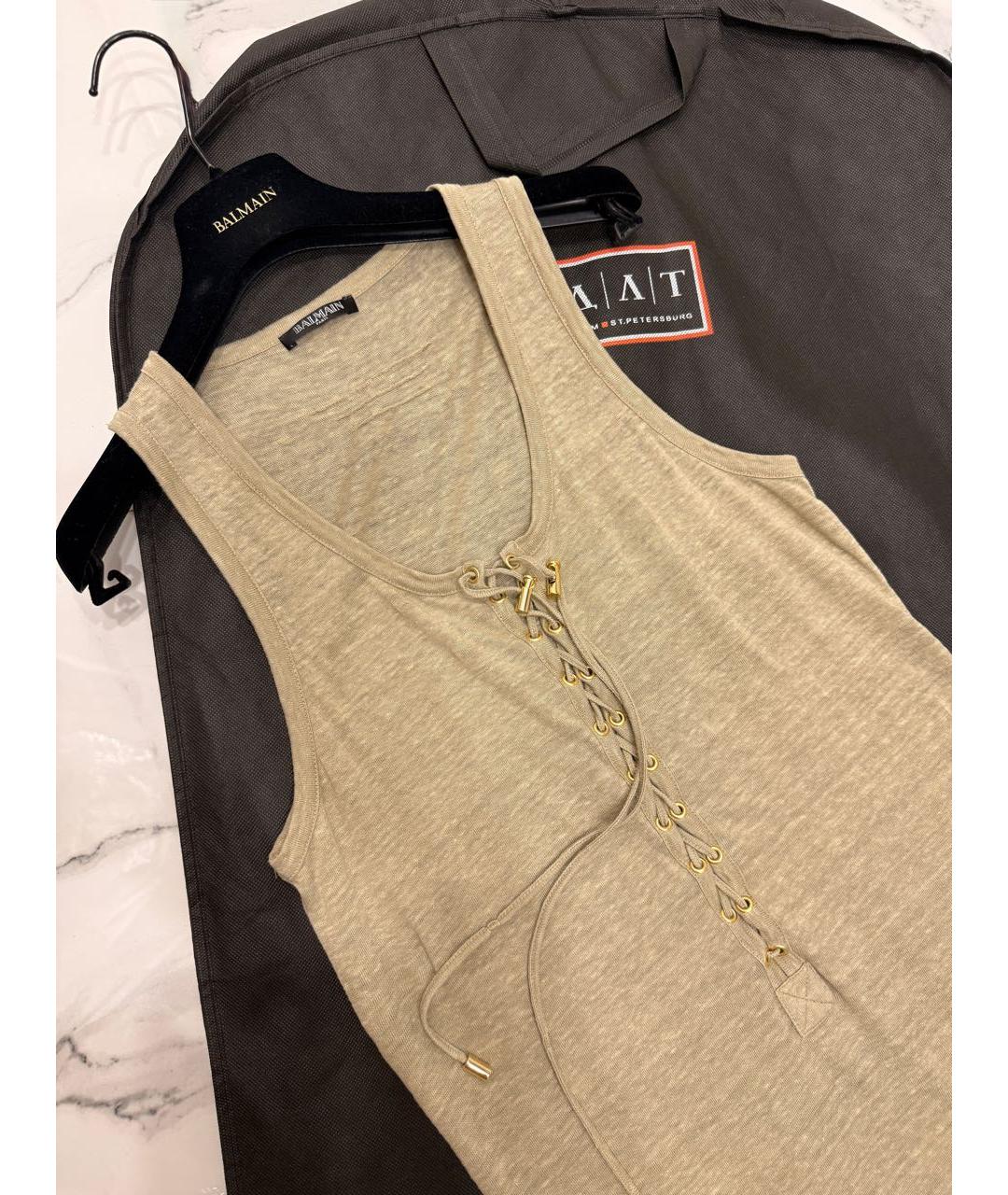 BALMAIN Хаки льняная майка, фото 2