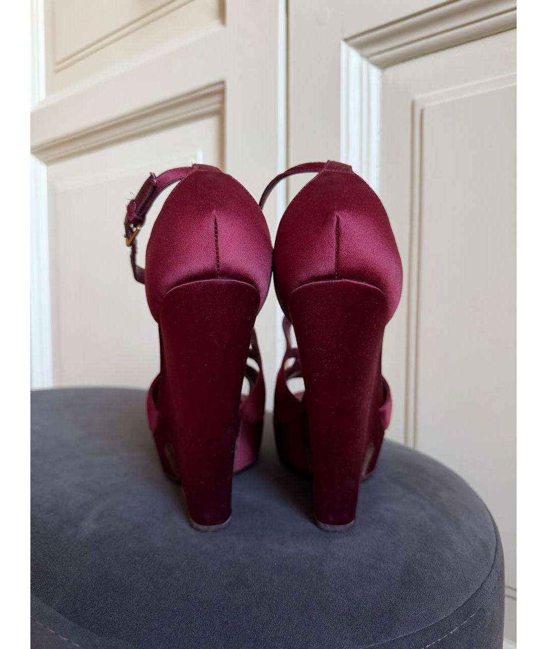 SAINT LAURENT Бордовые текстильные босоножки, фото 4