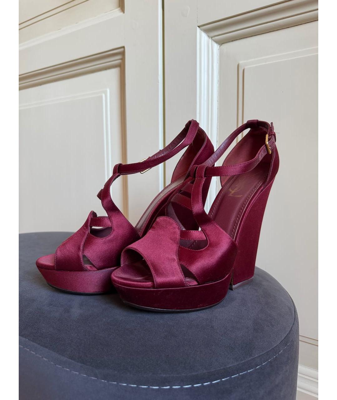 SAINT LAURENT Бордовые текстильные босоножки, фото 3