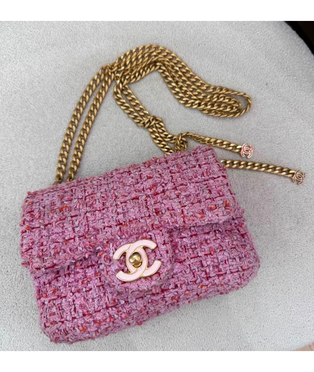 CHANEL Розовая твидовая сумка с короткими ручками, фото 6