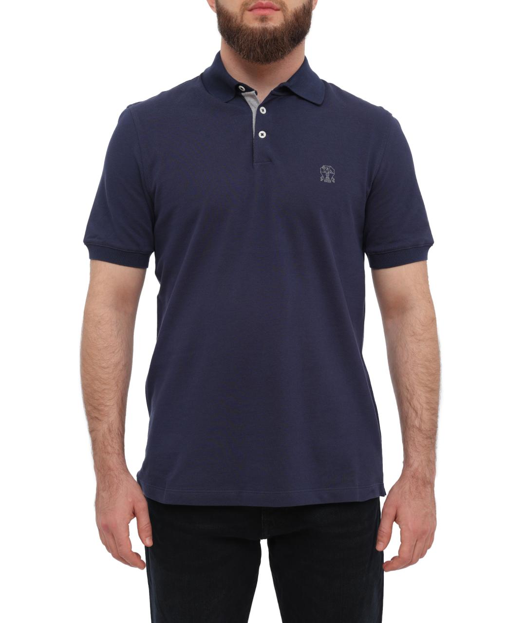 BRUNELLO CUCINELLI Темно-синее хлопковое поло с коротким рукавом, фото 1
