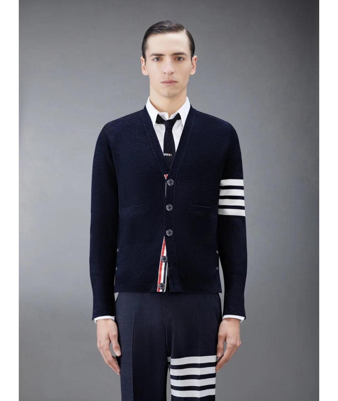 THOM BROWNE Темно-синий шерстяной кардиган, фото 2