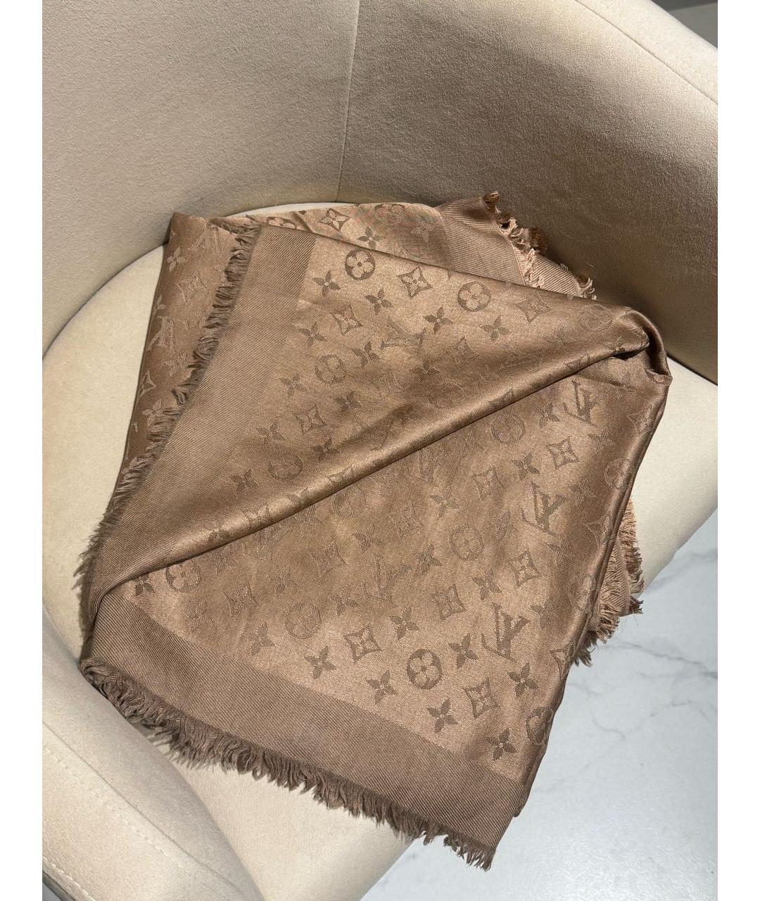 LOUIS VUITTON Бежевый шелковый шарф, фото 9