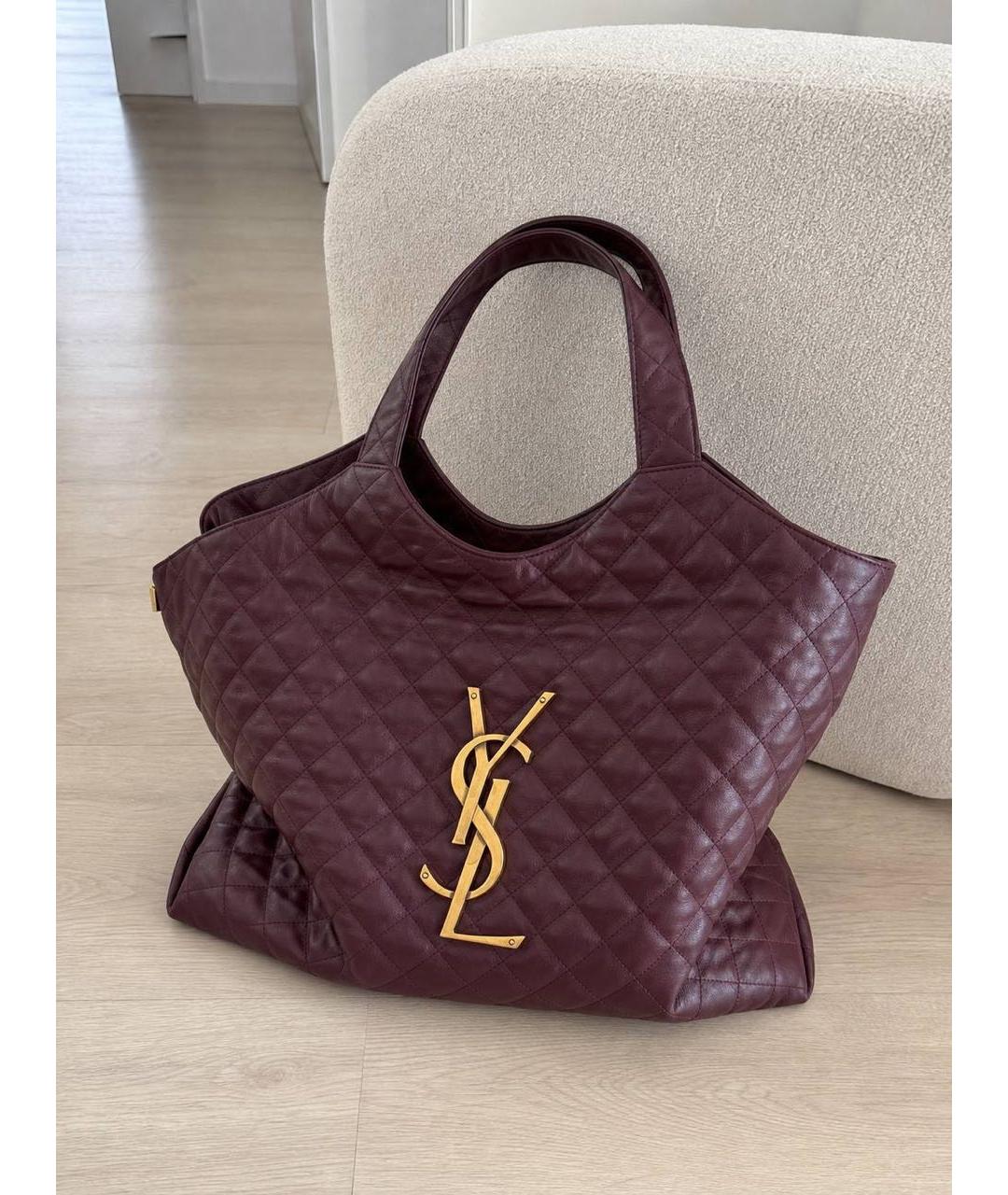 SAINT LAURENT Бордовая кожаная сумка тоут, фото 7