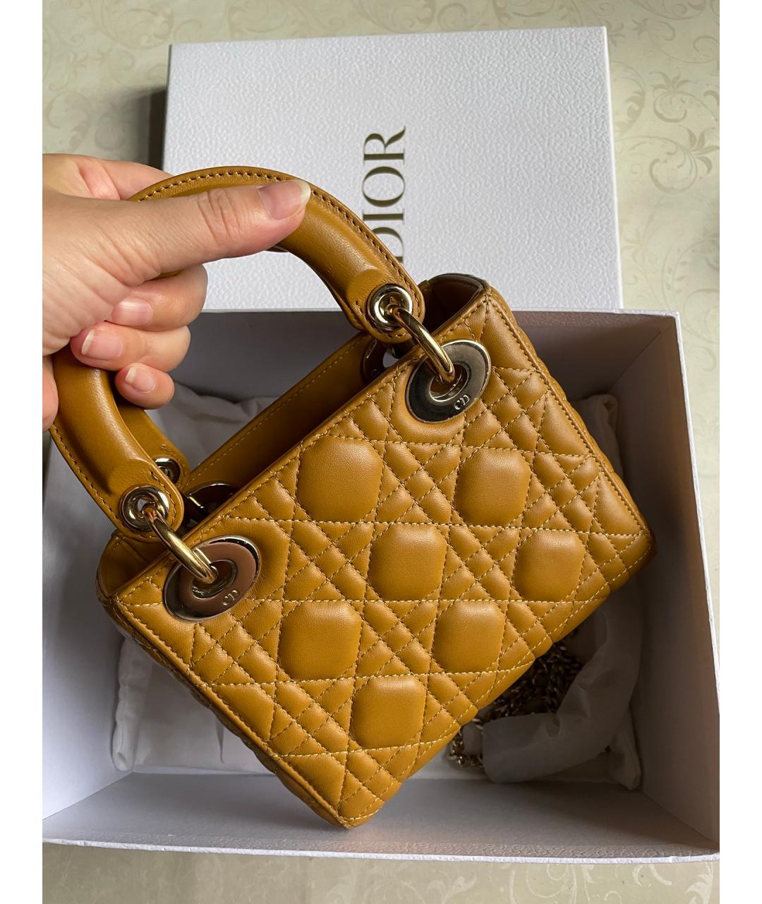 CHRISTIAN DIOR Желтая кожаная сумка с короткими ручками, фото 3