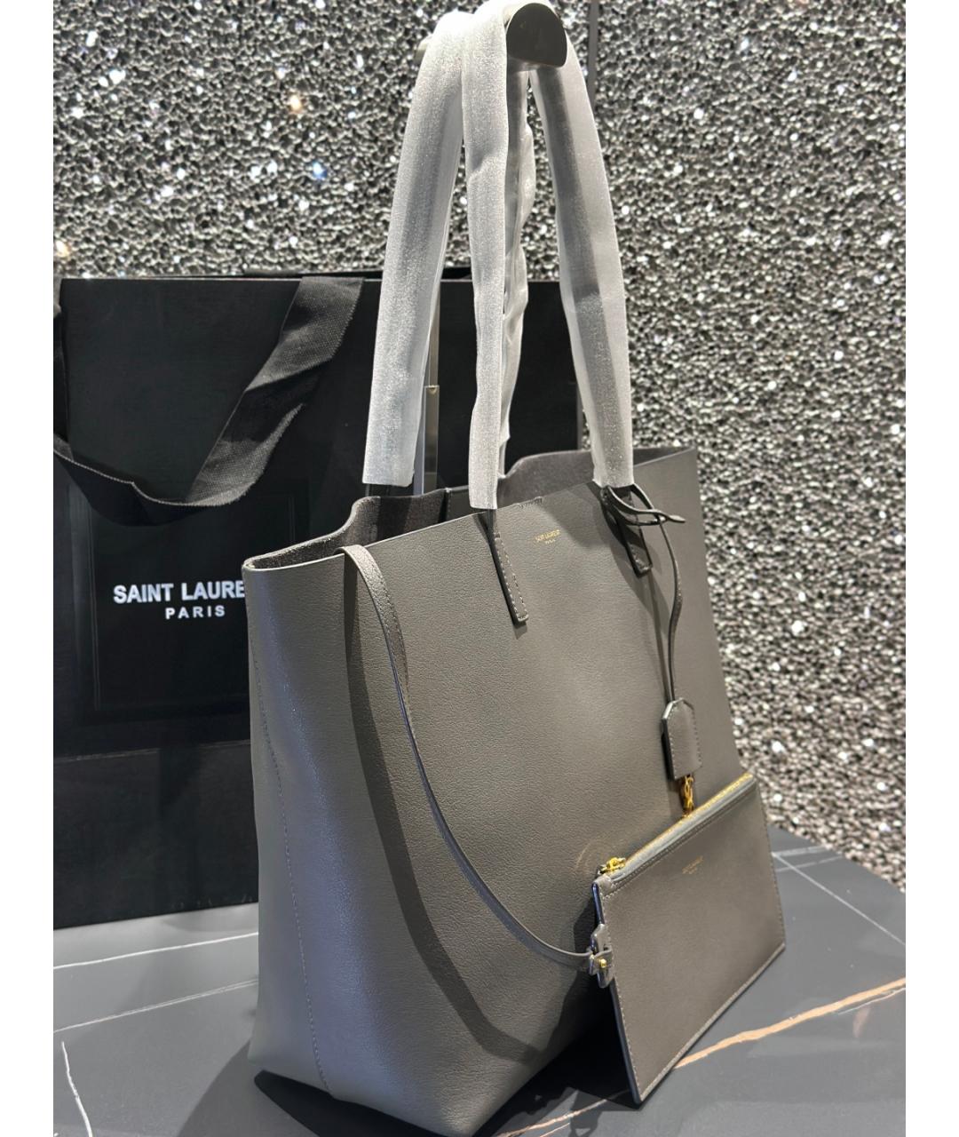 SAINT LAURENT Серая кожаная сумка тоут, фото 5