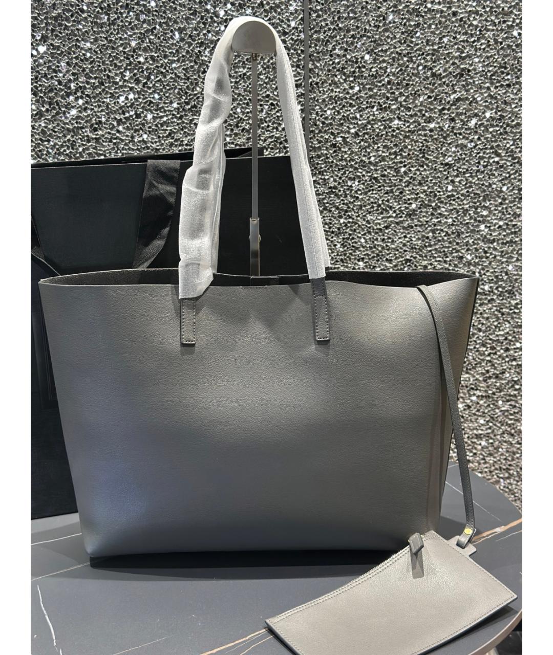 SAINT LAURENT Серая кожаная сумка тоут, фото 2