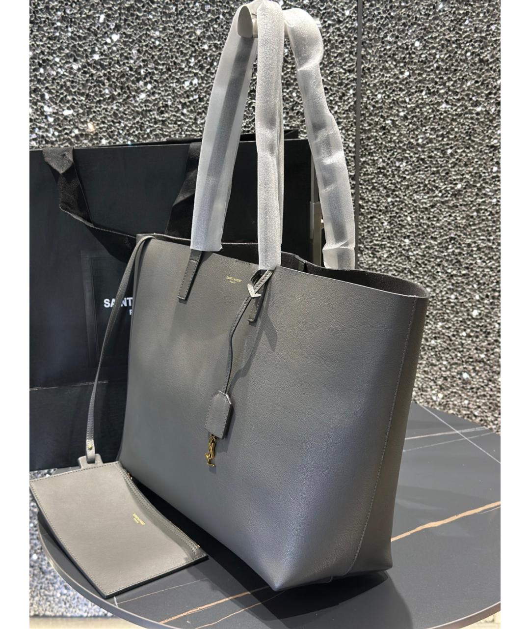 SAINT LAURENT Серая кожаная сумка тоут, фото 3