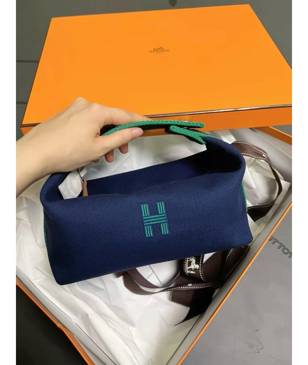 HERMES Темно-синяя косметичка из канвы, фото 5