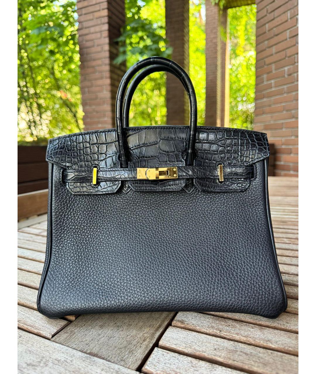 HERMES Черная сумка с короткими ручками из кожи аллигатора, фото 2