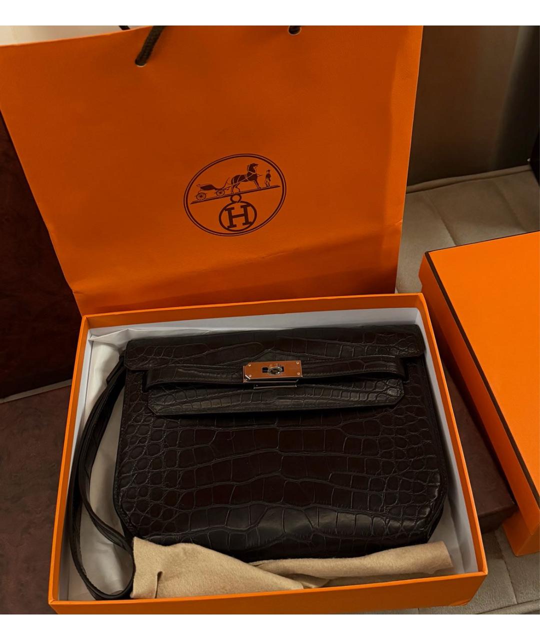 HERMES Черная барсетка из кожи аллигатора, фото 2