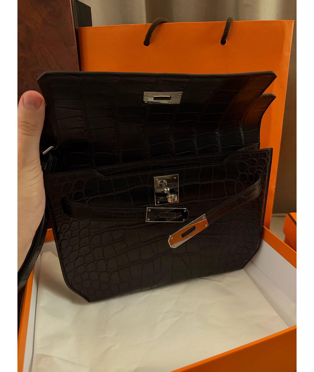 HERMES Черная барсетка из кожи аллигатора, фото 4