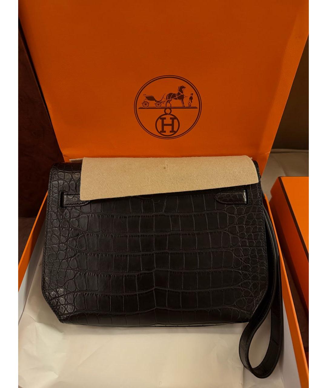 HERMES Черная барсетка из кожи аллигатора, фото 3
