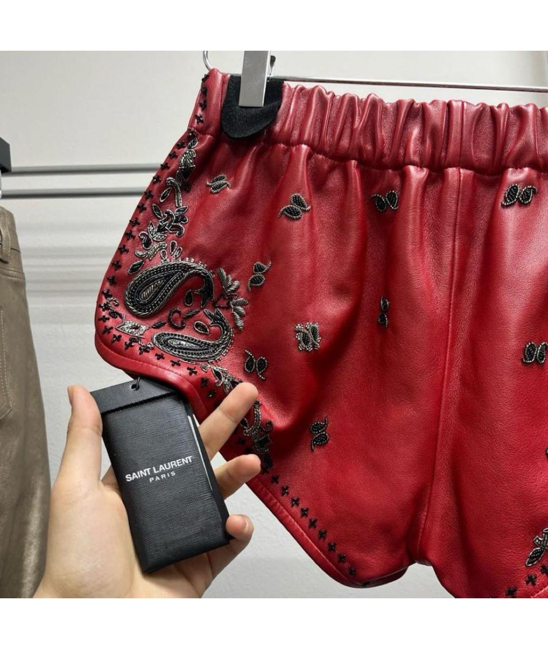 SAINT LAURENT Бордовые кожаные шорты, фото 4
