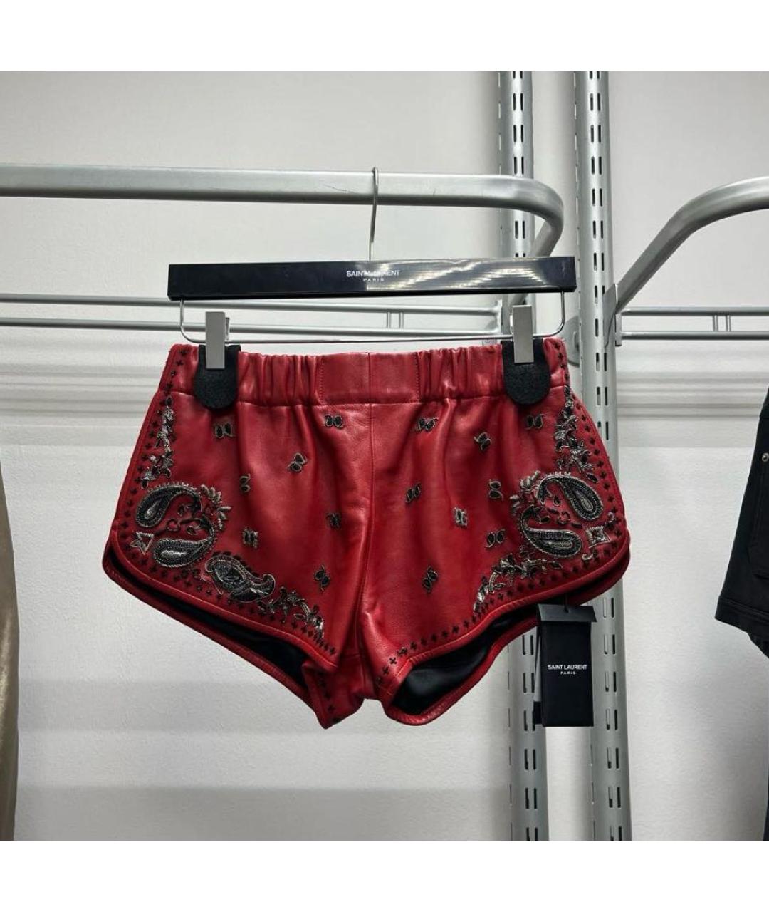 SAINT LAURENT Бордовые кожаные шорты, фото 5