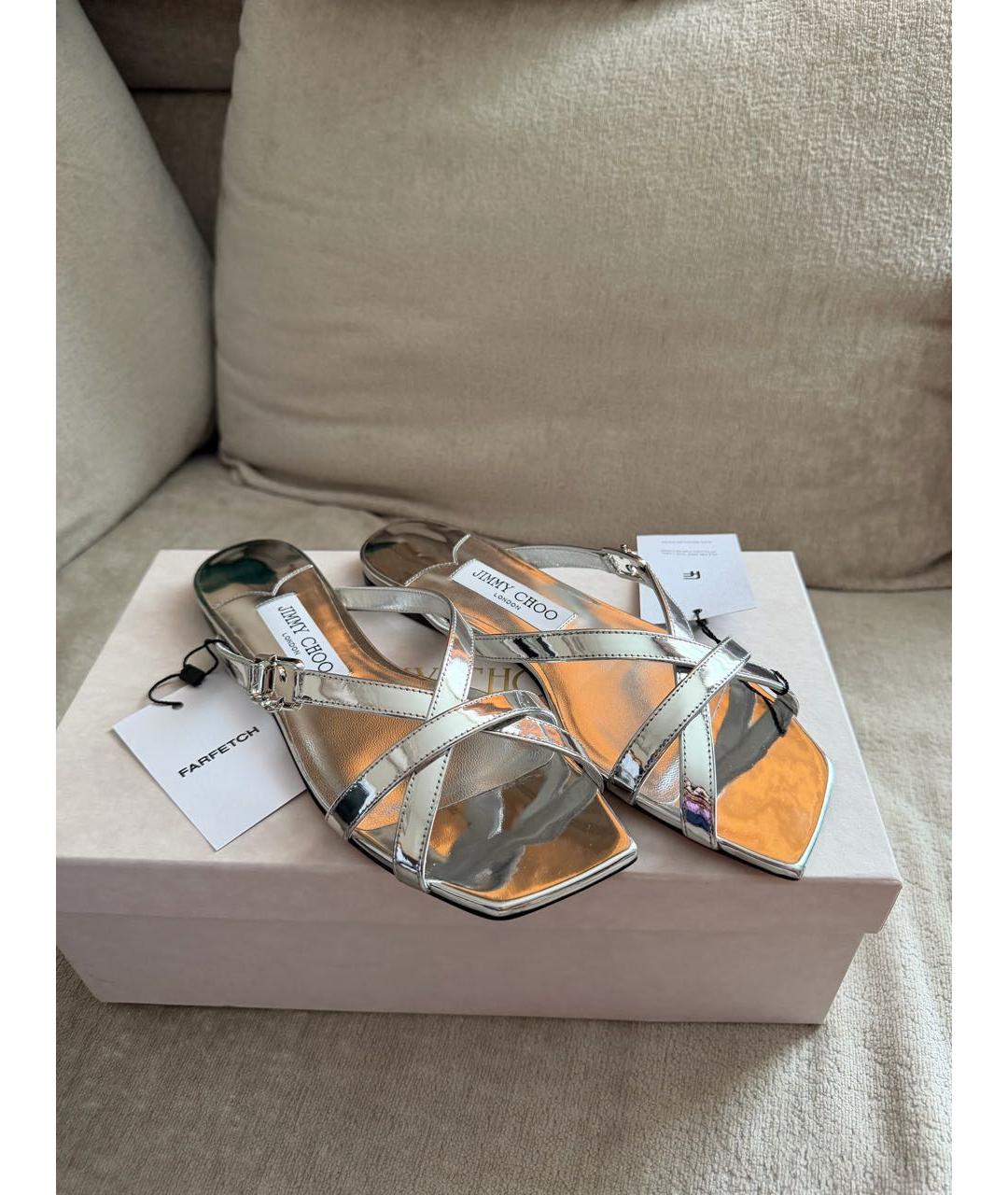 JIMMY CHOO Серебряные кожаные сандалии, фото 8