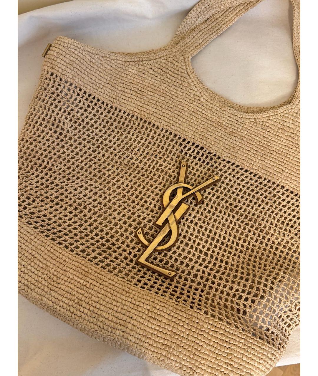 SAINT LAURENT Бежевая рафиевая пляжная сумка, фото 6