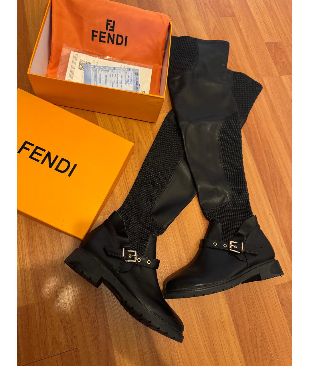 FENDI Черные кожаные ботфорты, фото 5