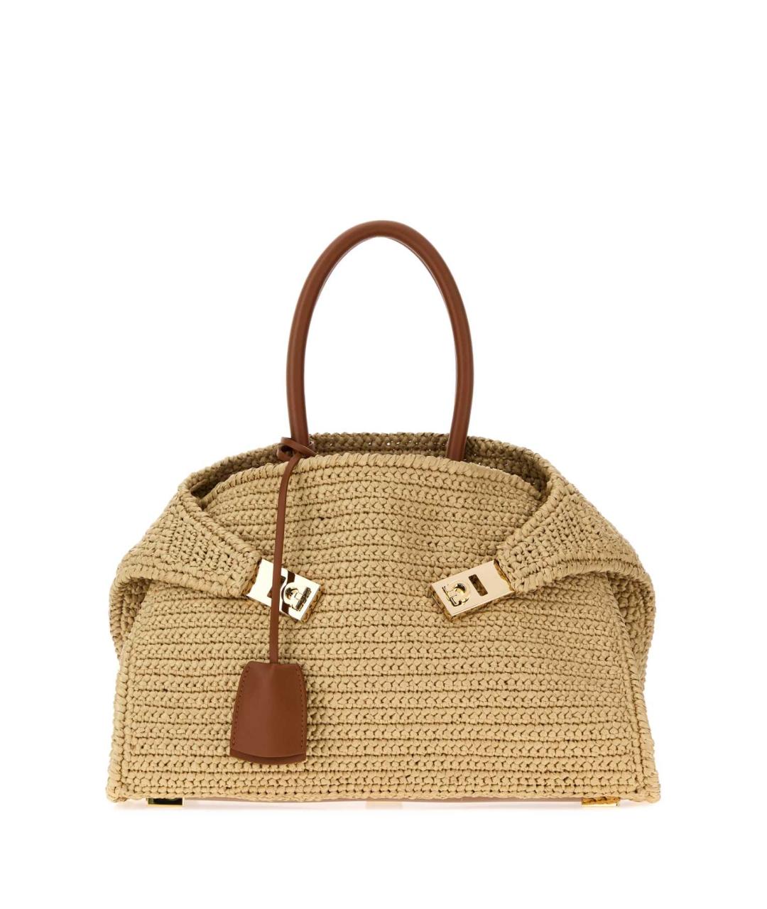 FERRAGAMO Бежевая рафиевая сумка тоут, фото 1