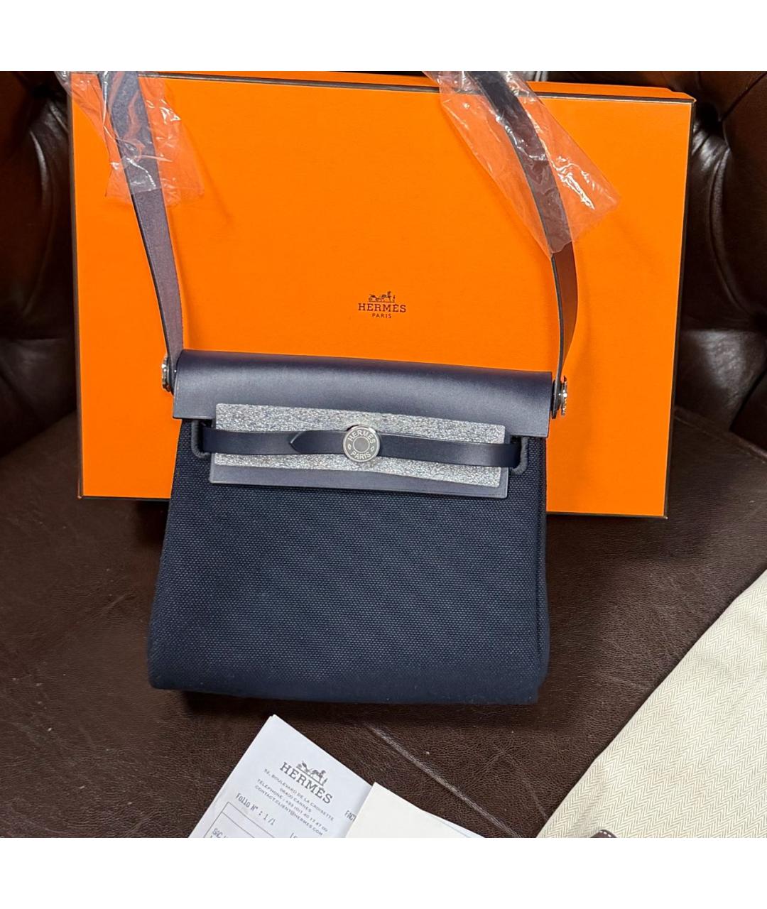 HERMES Темно-синяя сумка через плечо из канвы, фото 5