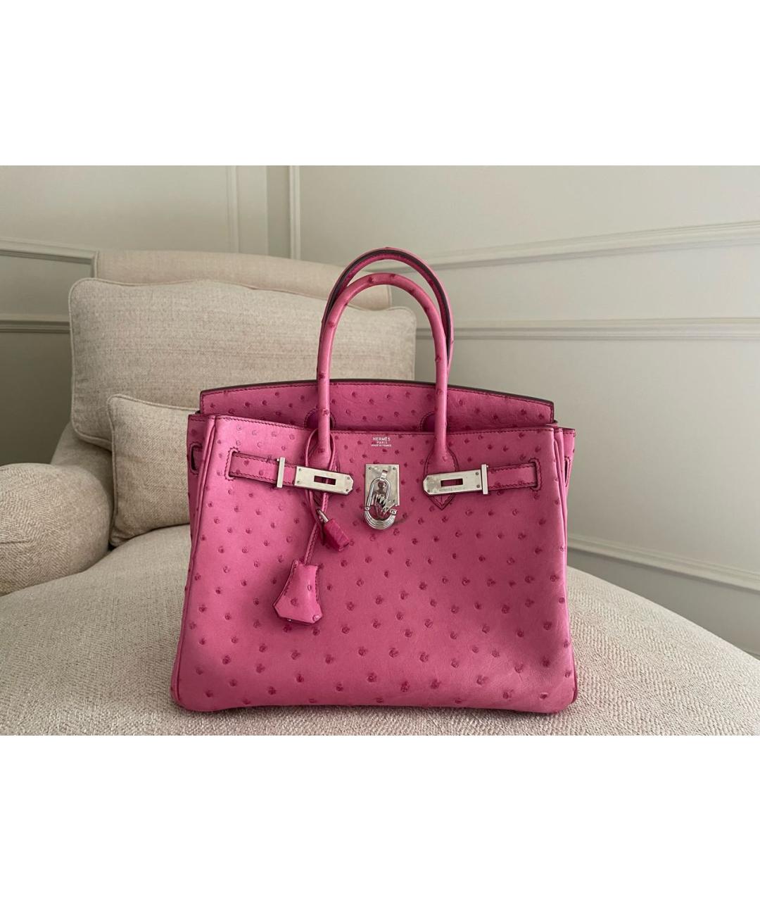 HERMES Розовая сумка с короткими ручками из кожи страуса, фото 5