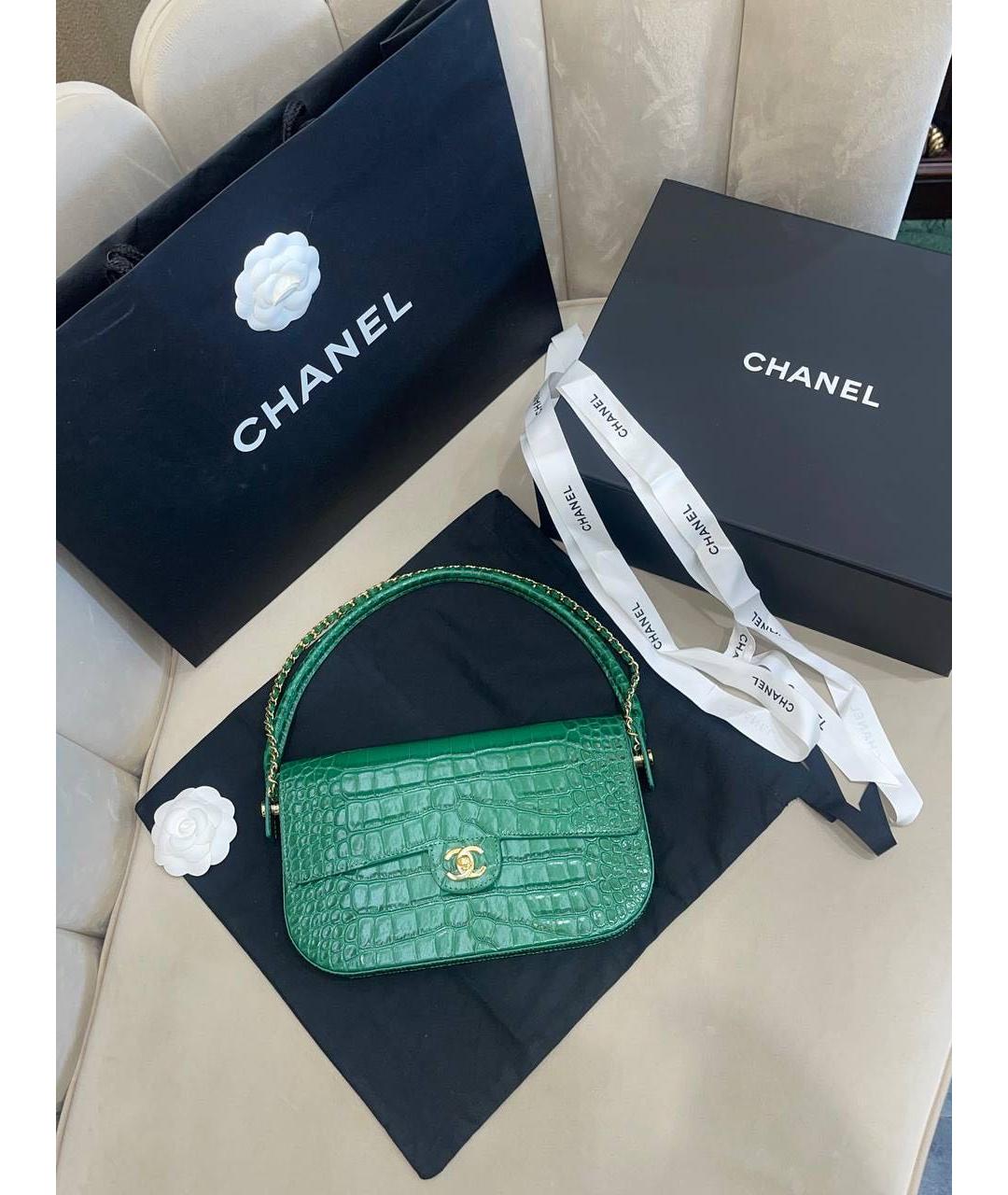 CHANEL BEAUTY Зеленая кожаная сумка с короткими ручками, фото 4