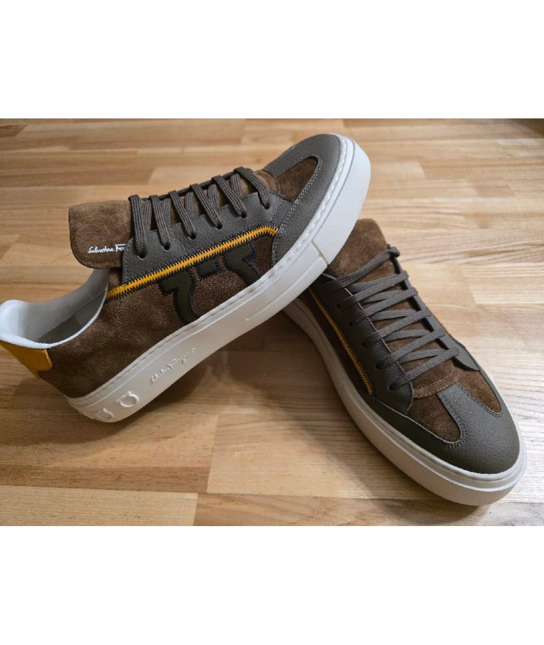 FERRAGAMO Коричневые кожаные низкие кроссовки / кеды, фото 3