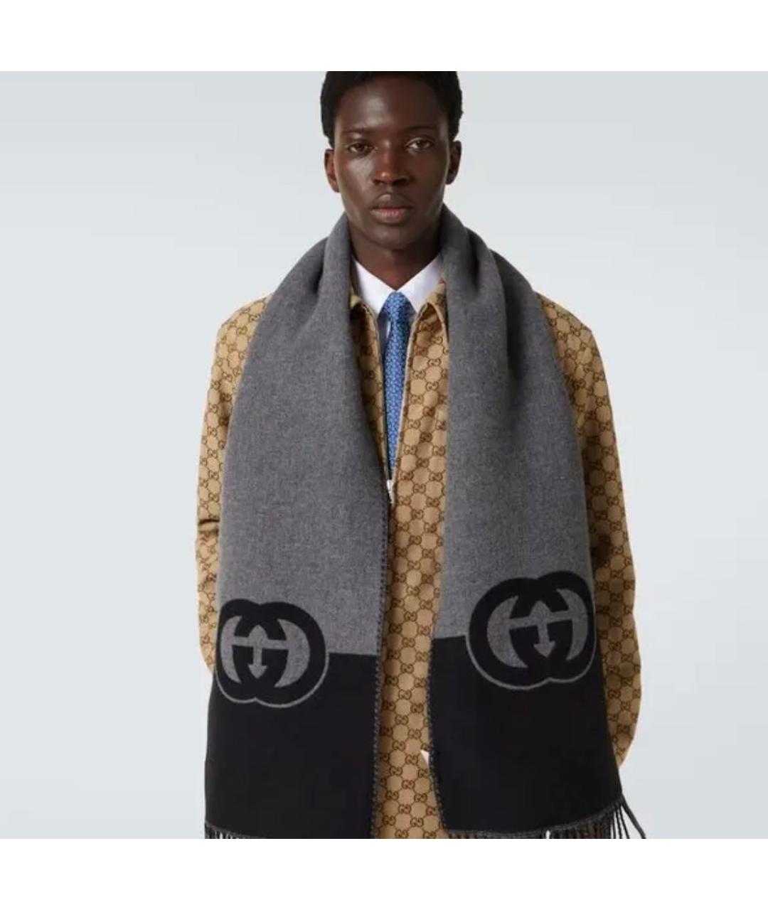 GUCCI Серый шерстяной шарф, фото 5