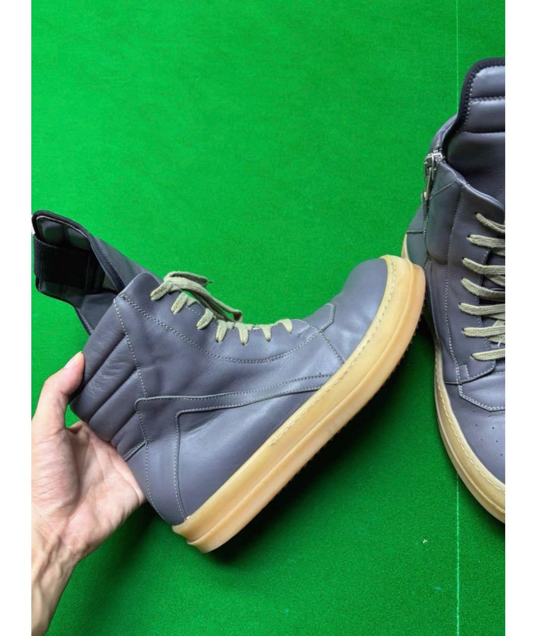 RICK OWENS Антрацитовые кожаные высокие кроссовки / кеды, фото 3