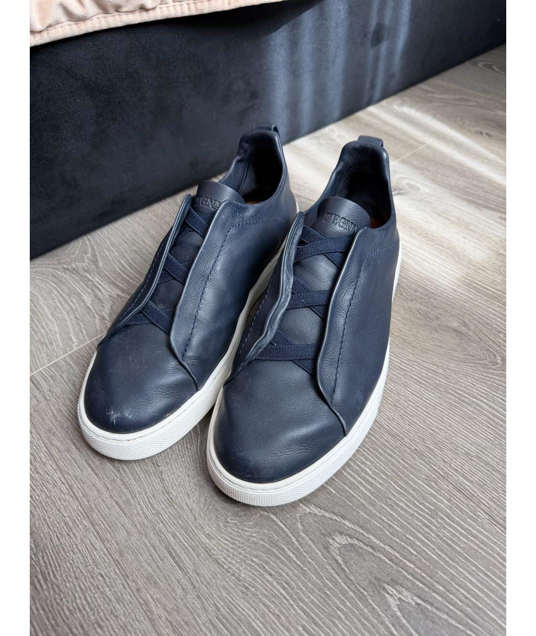 ZEGNA Темно-синие кожаные низкие кроссовки / кеды, фото 2