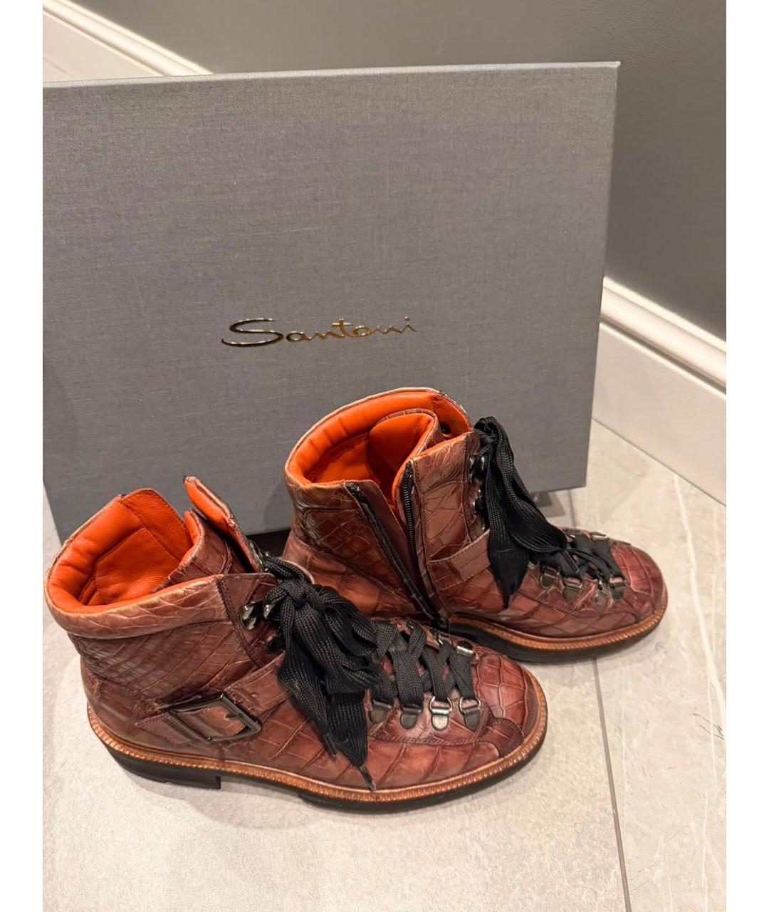 SANTONI Бордовые ботинки из кожи крокодила, фото 3