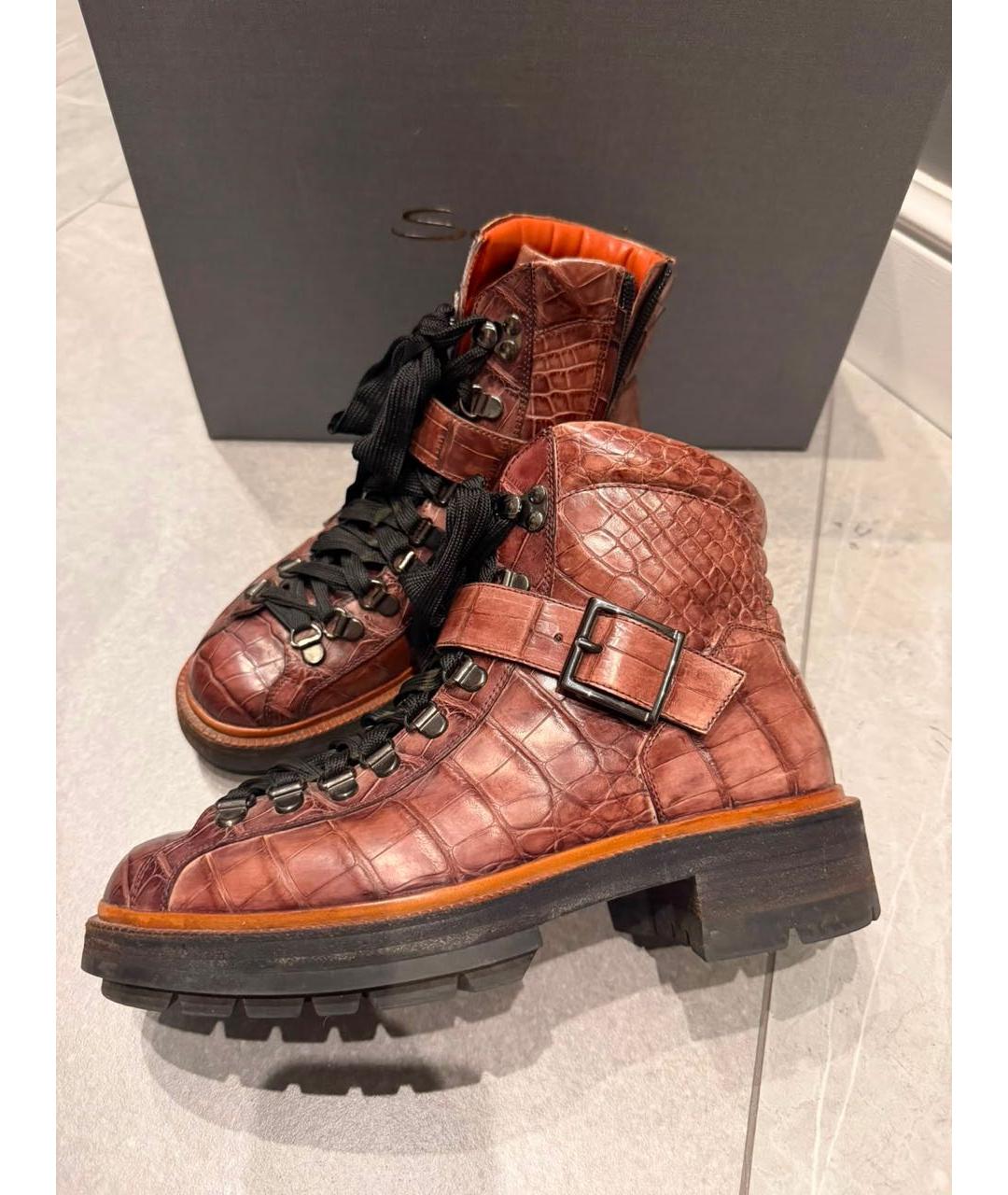 SANTONI Бордовые ботинки из кожи крокодила, фото 2