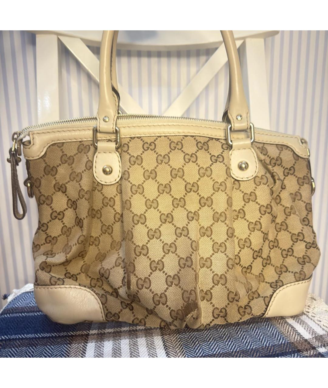 GUCCI Бежевая тканевая сумка с короткими ручками, фото 2