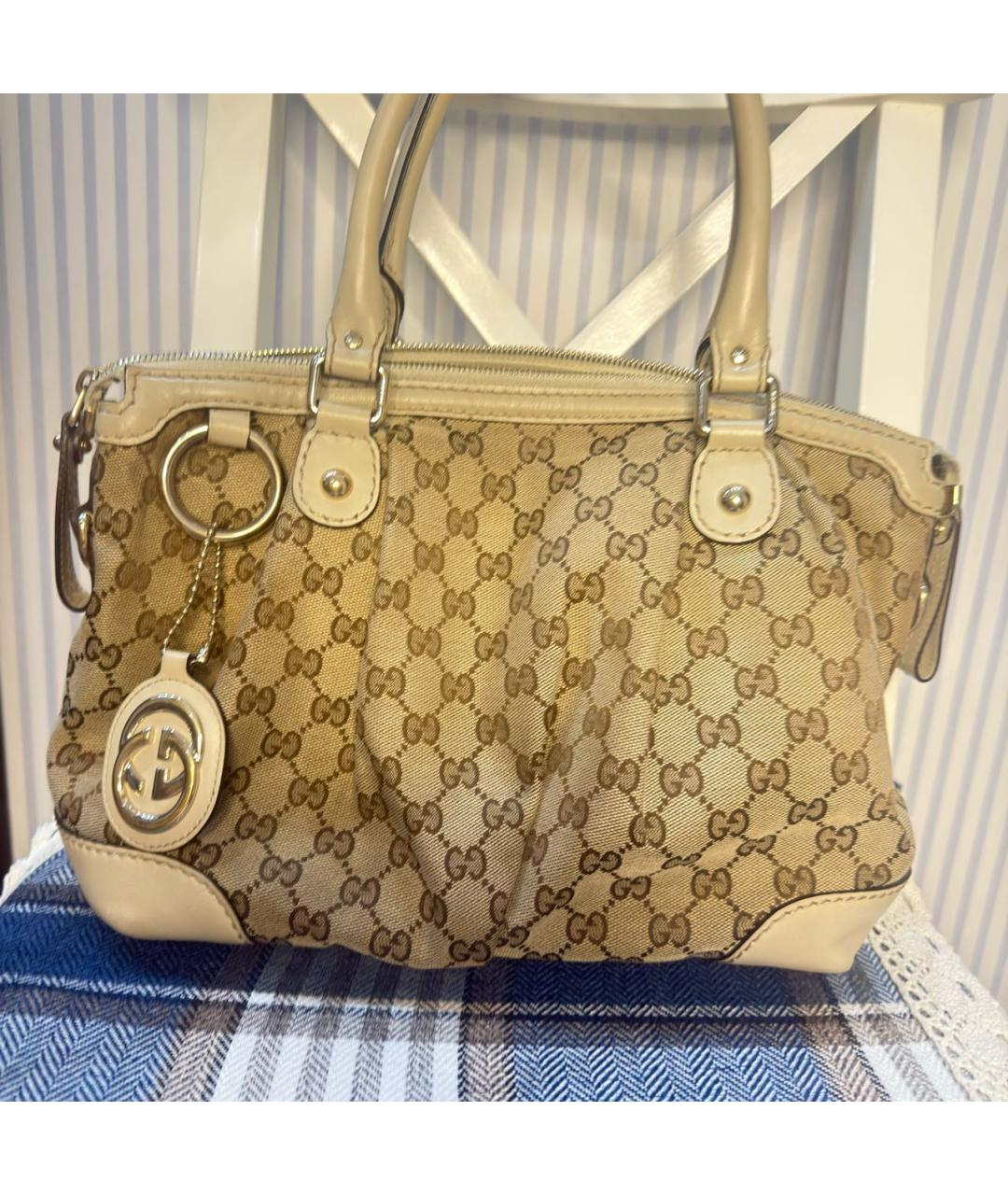 GUCCI Бежевая тканевая сумка с короткими ручками, фото 9
